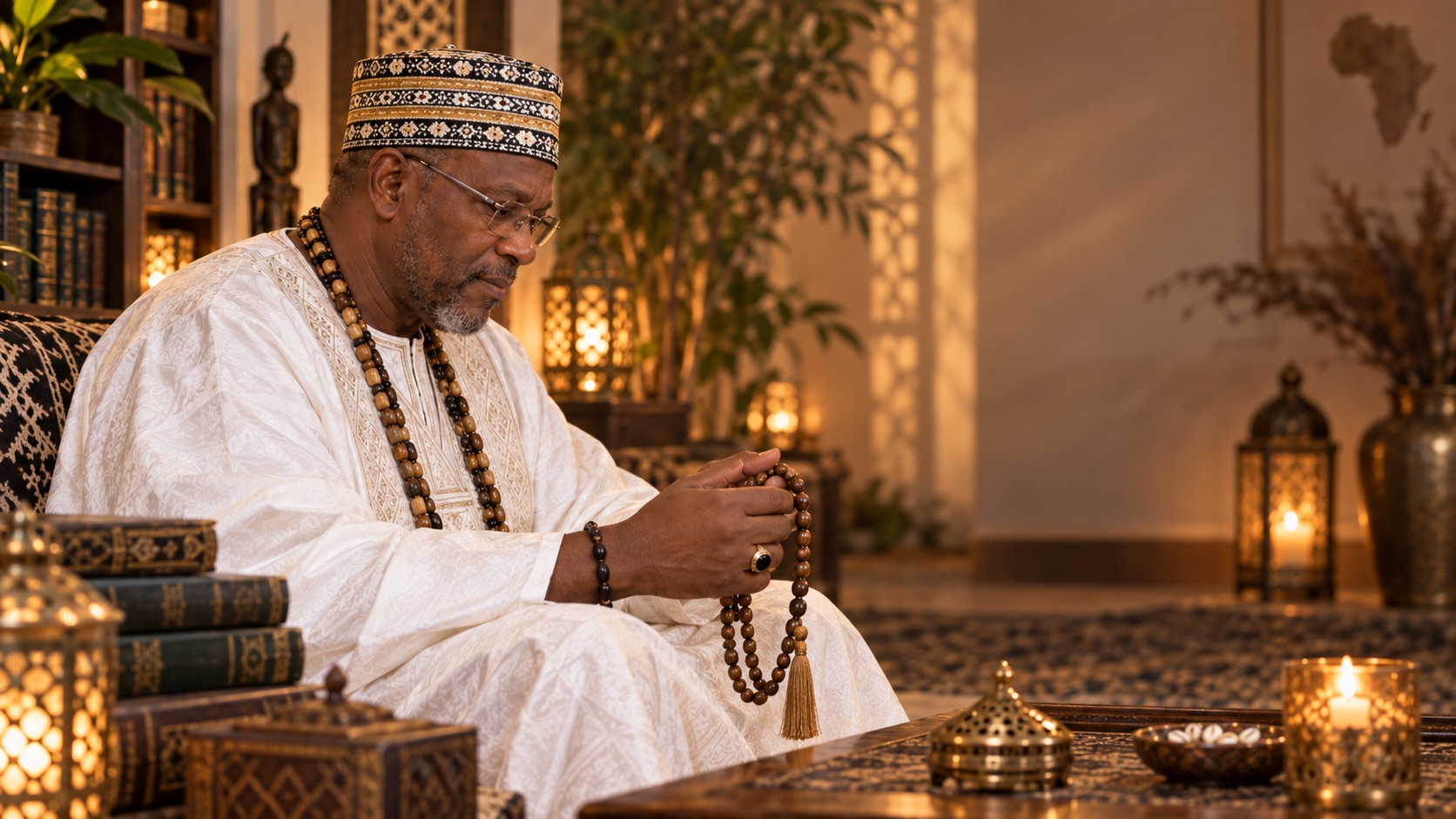 Professeur Kanfo réalisant un travail spirituel dans son cabinet